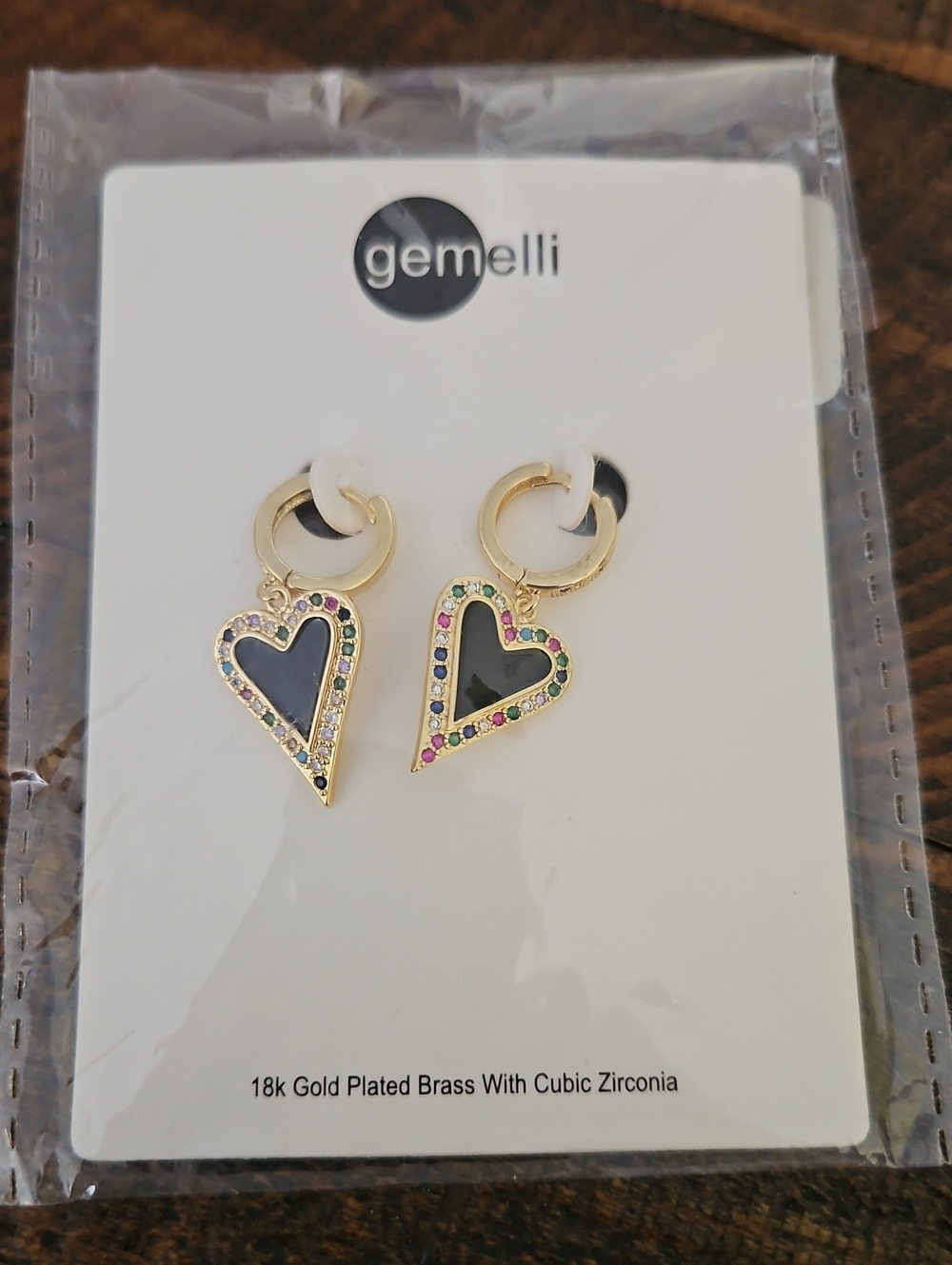 Gemelli Gold Plated Heart Hoop Earrings with Black Enamel and Multicolor Stones